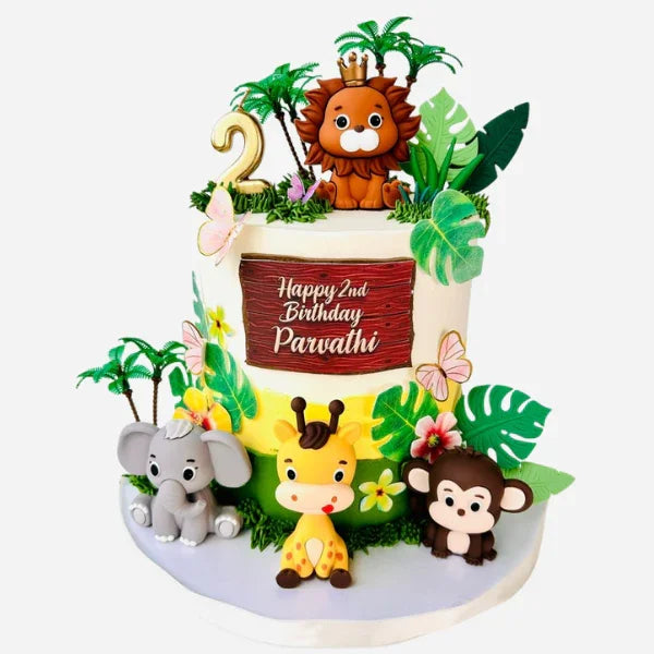 Children's birthday cake with jungle animals and personalized text on a white background